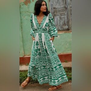 Boden White and Green Floral Long Sleeve Dress